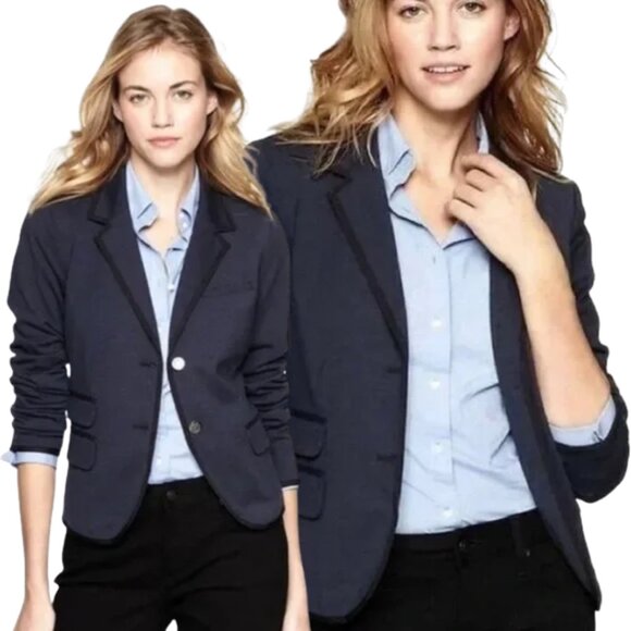 Gap The Academy Ponte Blazer Jacket Women's 8 Navy Blue Black Trim Career Formal - Picture 1 of 14